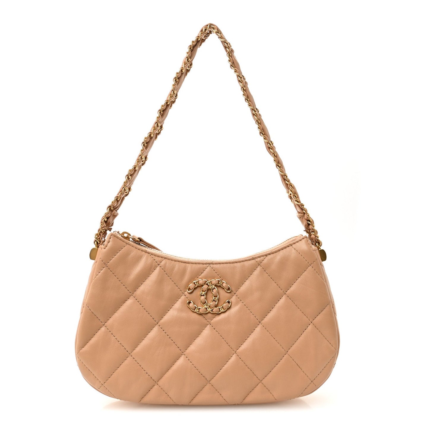 Crumpled Calfskin Quilted Braided CC Hobo Beige