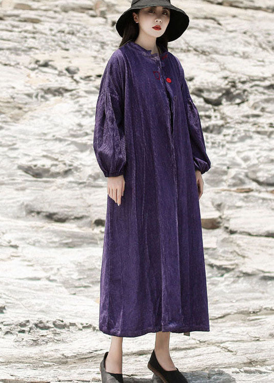 Women Purple Embroideried Pockets Corduroy Dress