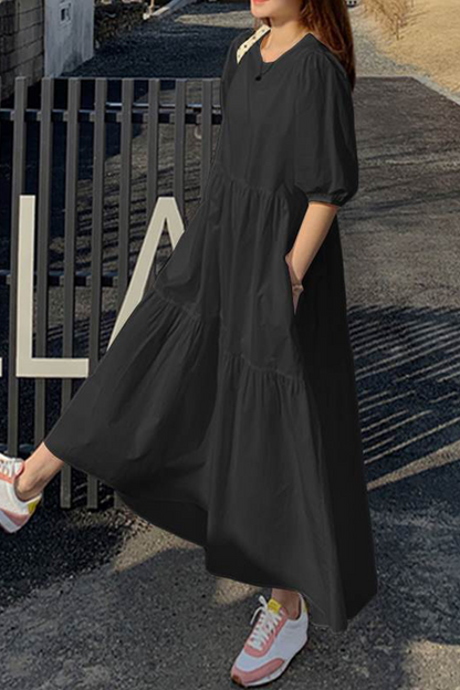 Casual Solid Patchwork Buttons O Neck Cake  Dresses