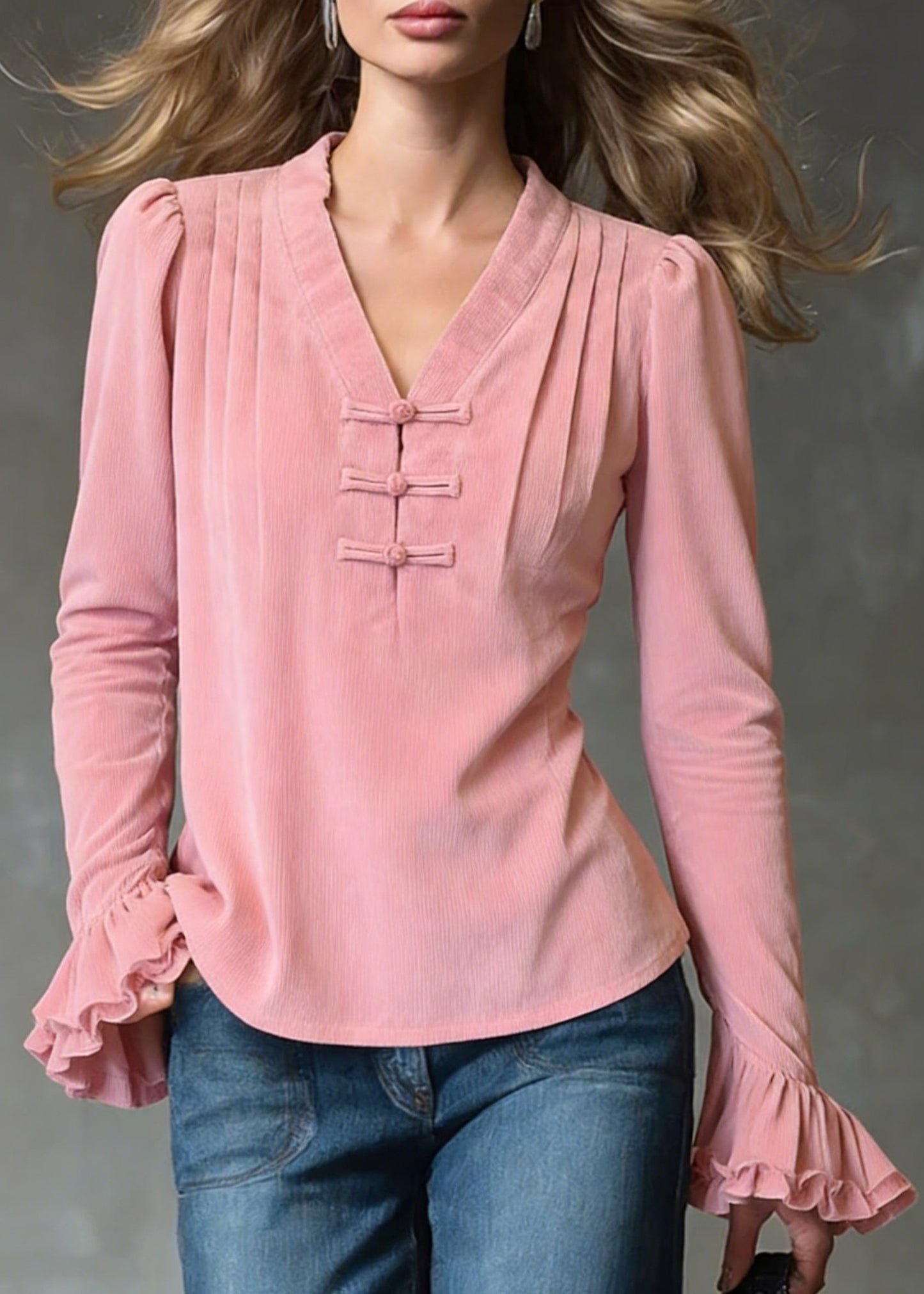 Loose Pink V Neck Ruffled Corduroy Shirts Flare Sleeve