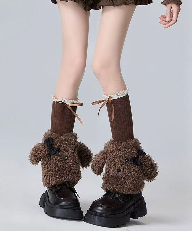 Japanese Style Coffee Bow Fuzzy Fur Fluffy Socks Cover