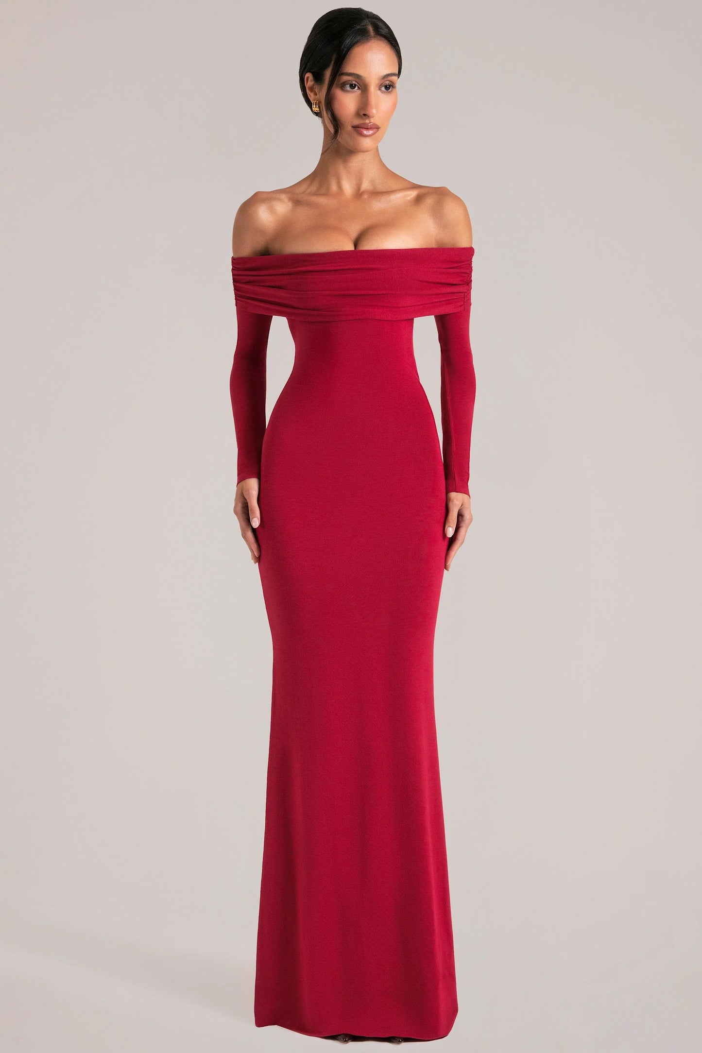 Off-Shoulder Long-Sleeve Maxi Dress in Cherry Red