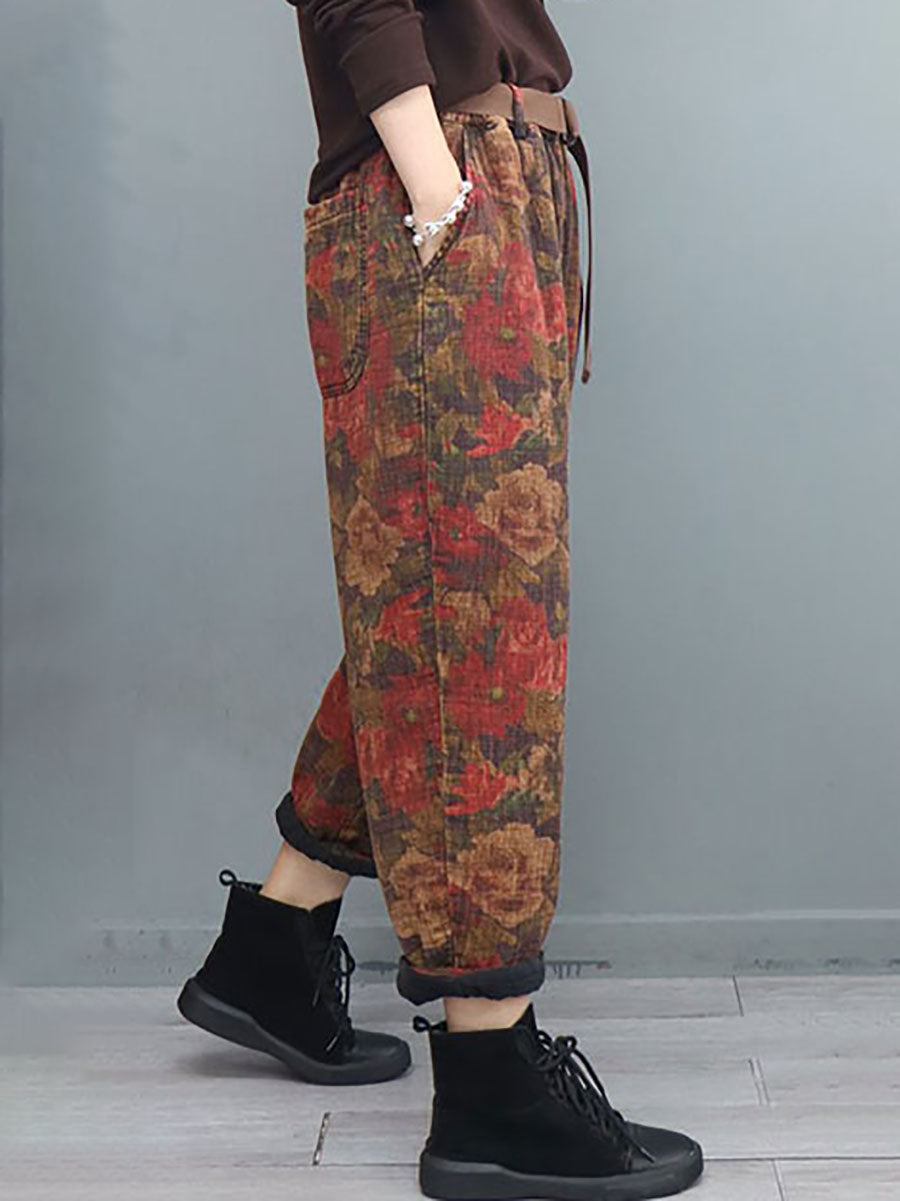 Vintage Flower Print Elastic Waist Harem Pants With Belt