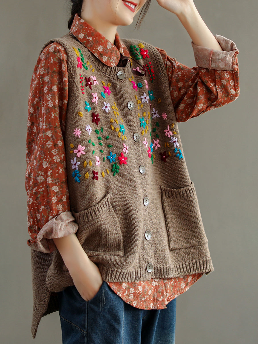 Women Embroidery Cotton Baggy Cardigan Vest