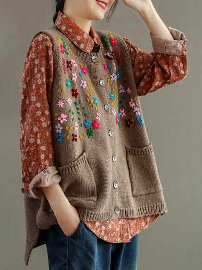 Women Embroidery Cotton Baggy Cardigan Vest