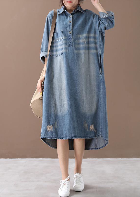 Women lapel Hole  outfit Shape denim blue Dresses