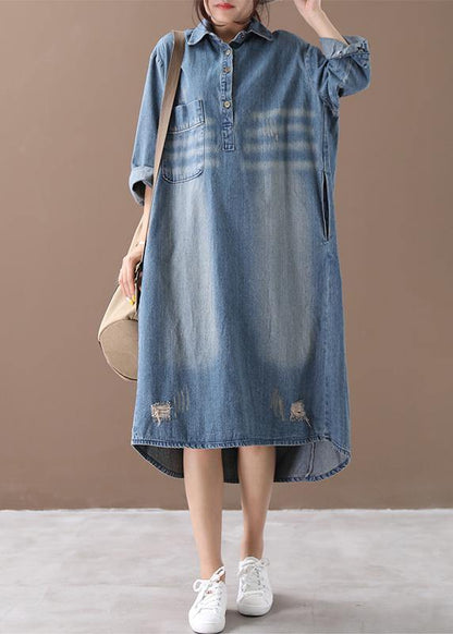 Women lapel Hole  outfit Shape denim blue Dresses