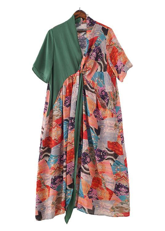 Beautiful Green Patchwork Print Vacation Summer Chiffon Dress