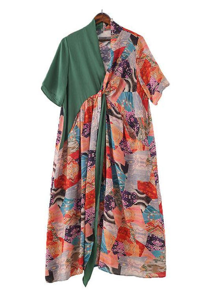 Beautiful Green Patchwork Print Vacation Summer Chiffon Dress