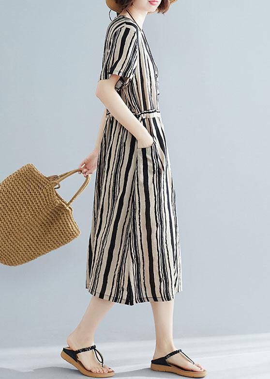 DIY o neck drawstring dress Sewing black striped Dresses summer
