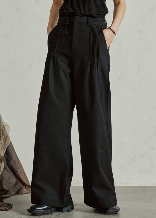 Casual Black High Waist Pockets Wide Leg Pants Fall