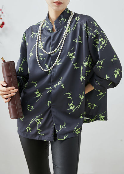 Vintage Black Oversized Bamboo Leaf Print Silk Shirt Spring