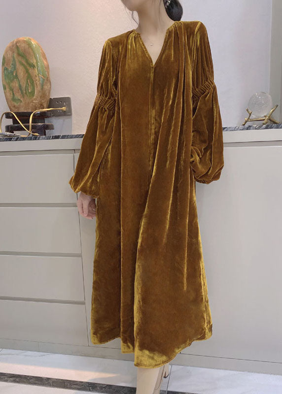 Women Yellow Puff Sleeve Pockets Velour Dress