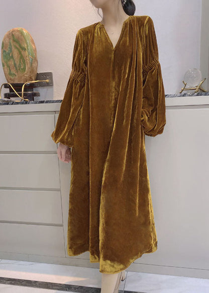 Women Yellow Puff Sleeve Pockets Velour Dress