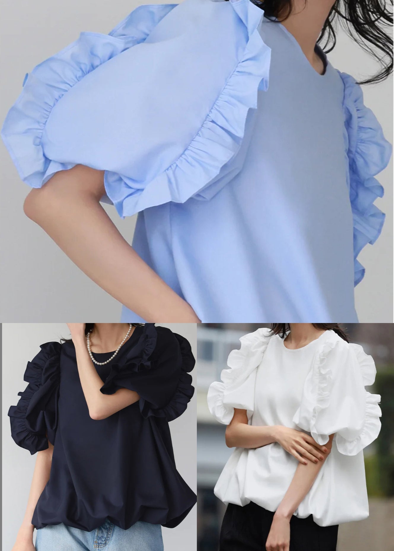 Women Navy Ruffled Oversized Cotton Tops Puff Sleeve