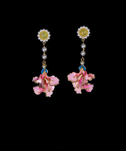 Vintage Rainbow Alloy Pearl Peony Enameling Tassel Drop Earrings