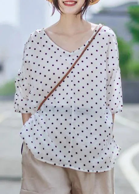 Chic linen Blouse Vintage Casual Linen Dot V-Neck Women Blouse