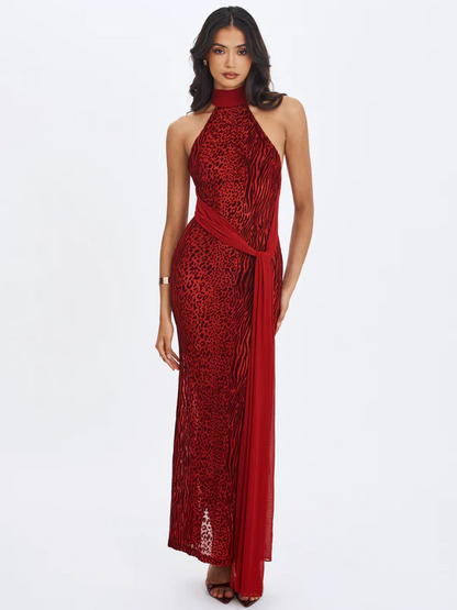 Red Flocked Leopard Print Halter Open-Back Sash Maxi Dress