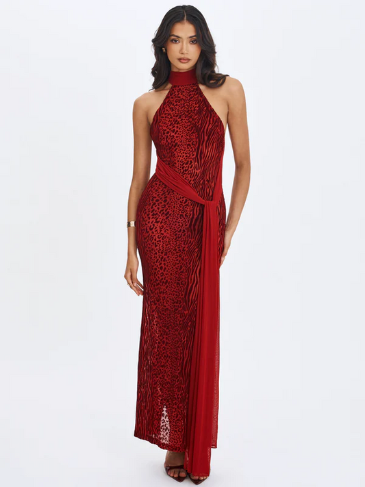 Red Flocked Leopard Print Halter Open-Back Sash Maxi Dress