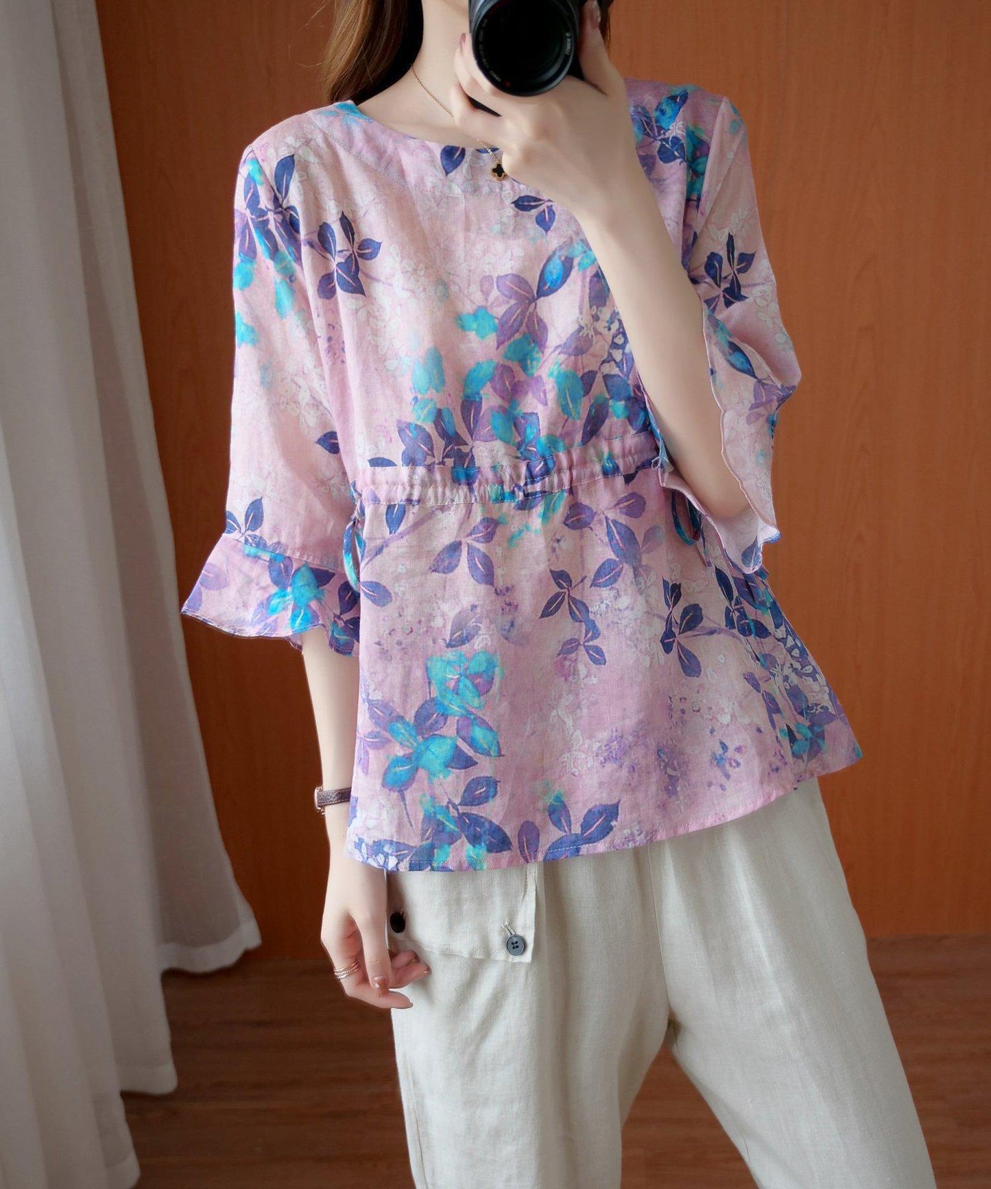 Chic purple print top o neck drawstring daily summer blouses