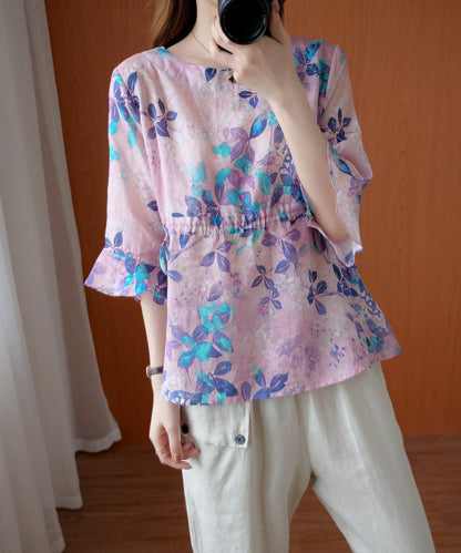 Chic purple print top o neck drawstring daily summer blouses