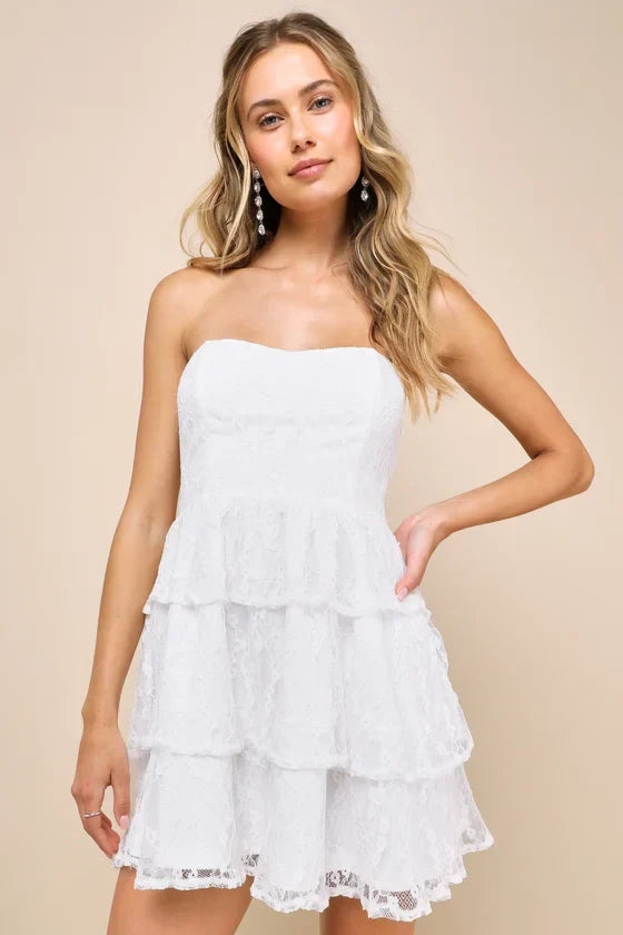 Sweet Perception Light Blue Lace Strapless Tiered Mini Dress