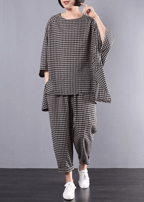 Casual Plus Size Cotton Linen red Plaid Vintage Blouse And Pants Two Pieces Set(Limited Stock)