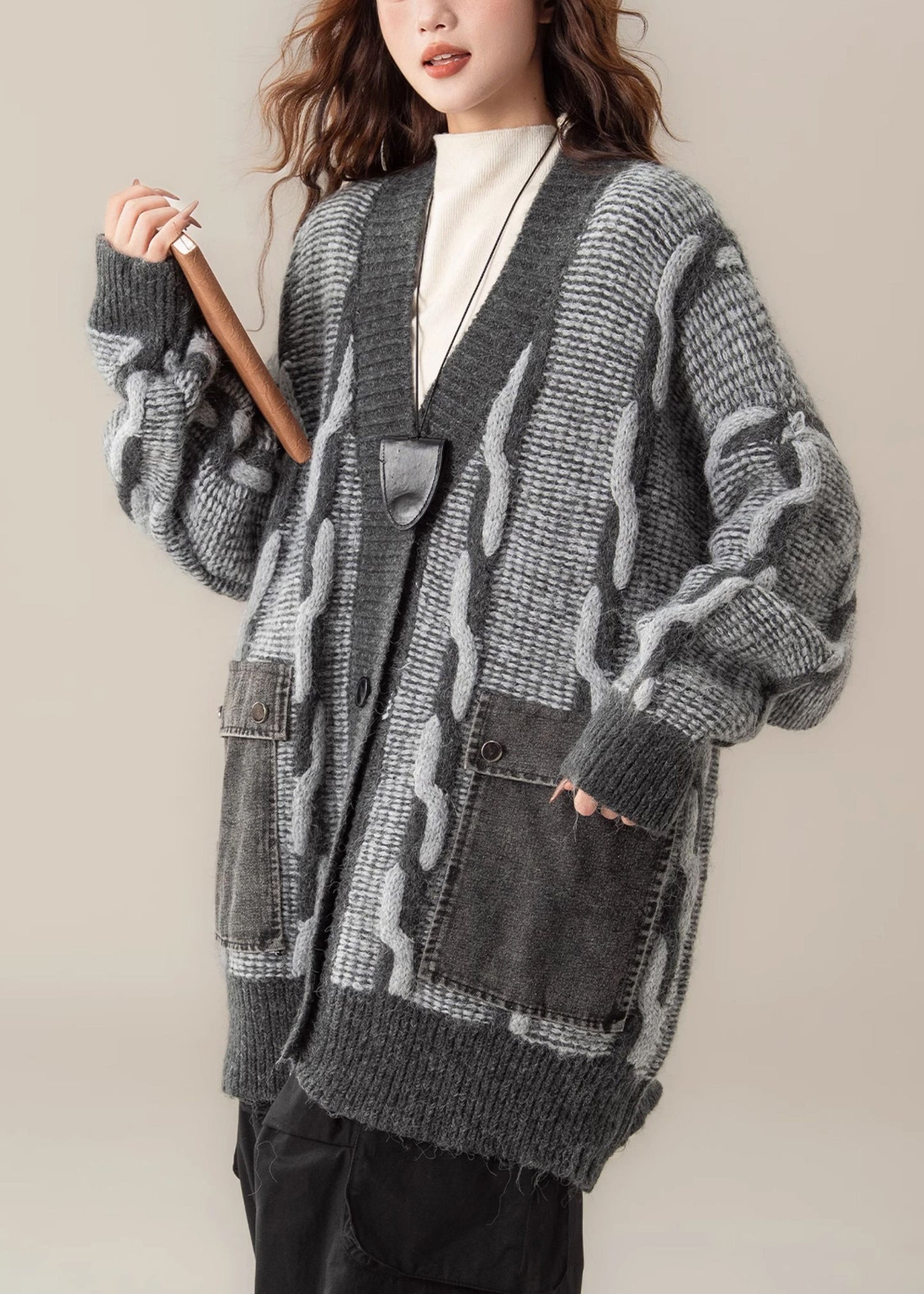 Plus Size Grey V Neck Pockets Patchwork Knit Coats Spring