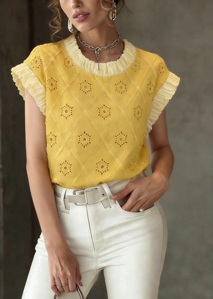 Cute Yellow Patchwork Hollow Out T Shirt Summer