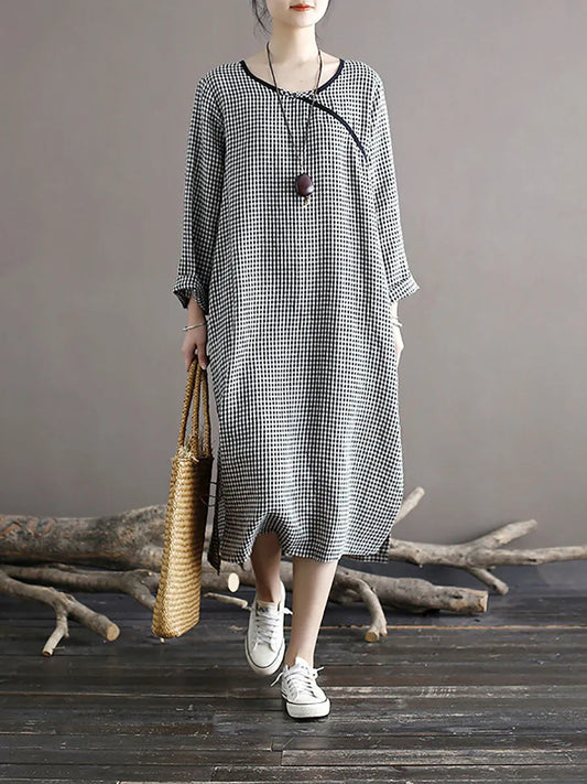 Women Spring National Vintage Plaid Split Hem Dress