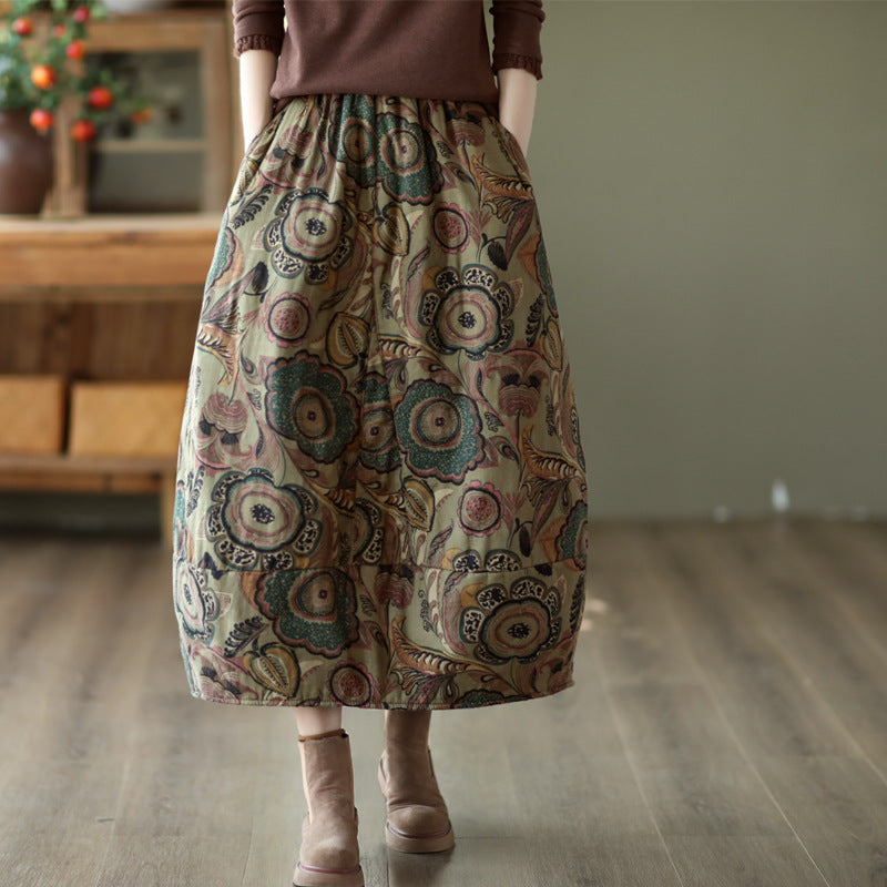Ethnic Style Padded Quilted Printed Skirt