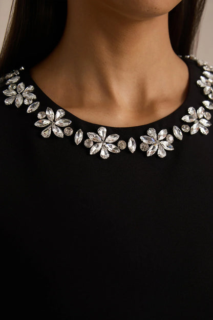 Nalani | Black And White Crew-Neck Mini Dress With Embellishment And Ruffled Detailing