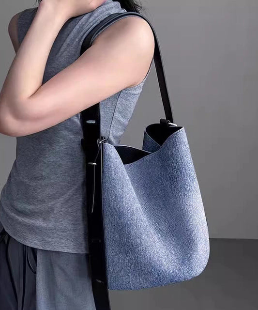 French Blue Large Capacity Durable Faux Leather Bucket Bag