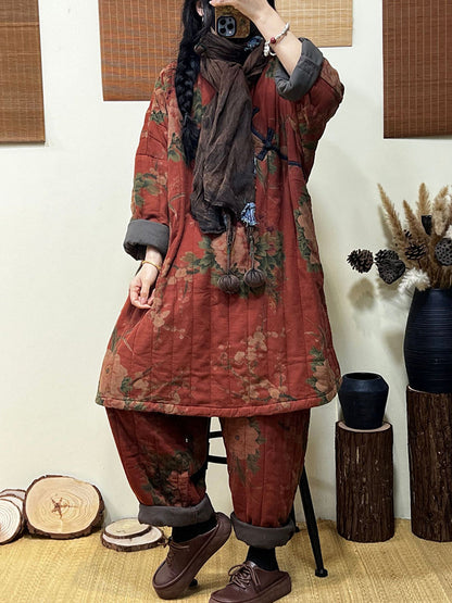 Women Winter Frog Floral Loose Padded Jacket