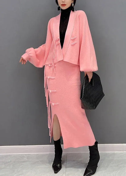 Beautiful Pink V Neck Button Woolen Top And Maxi Skirts Two Pieces Set Winter