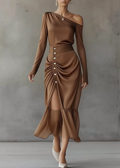 Italian Brown Top And Skirts Chiffon Two Pieces Set Spring