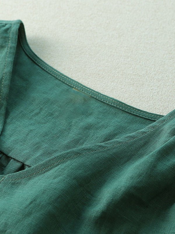 Pure Color V Neck Half Sleeve Casual Linen Tee Top