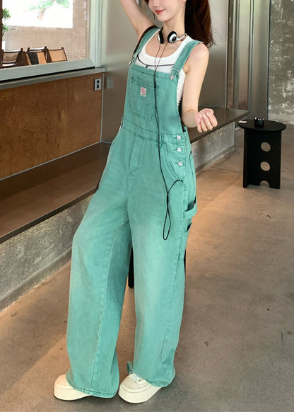 French Green Pockets High Waist Denim Jumpsuits Sleeveless