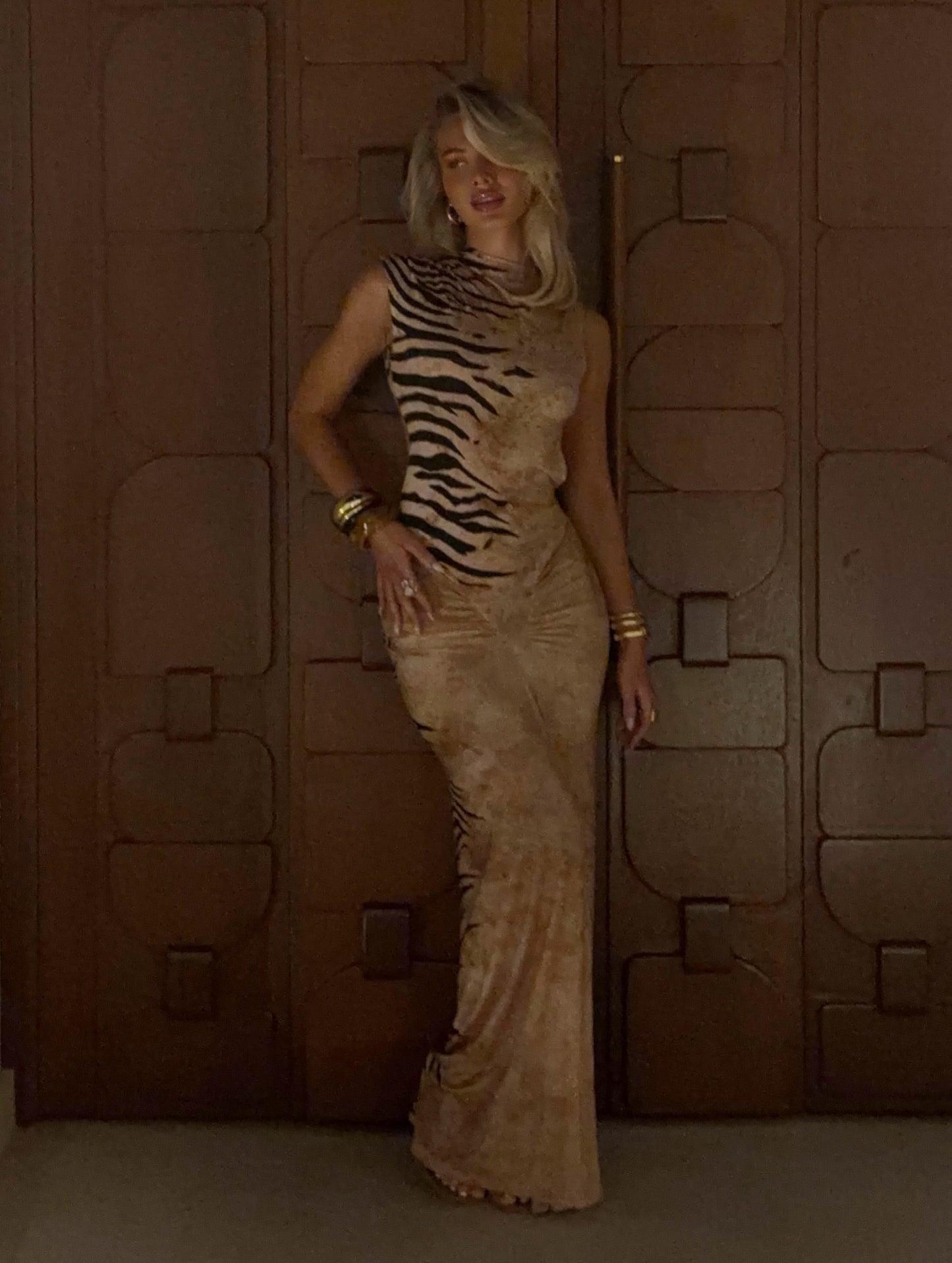 Asymmetric Turtleneck Zebra Print Open-Back Bodycon Maxi Dress
