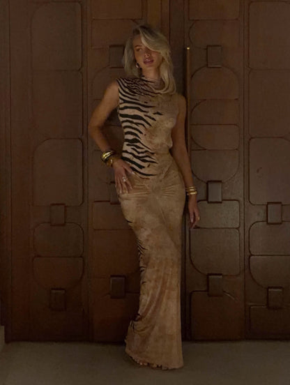 Asymmetric Turtleneck Zebra Print Open-Back Bodycon Maxi Dress