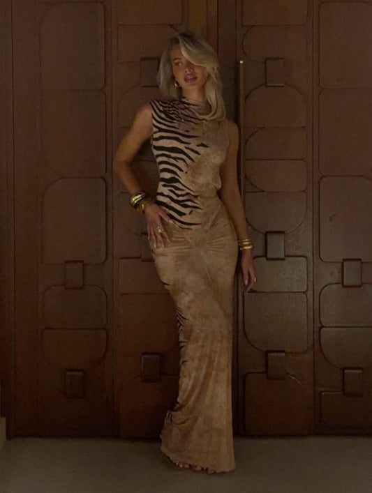 Asymmetric Turtleneck Zebra Print Open-Back Bodycon Maxi Dress
