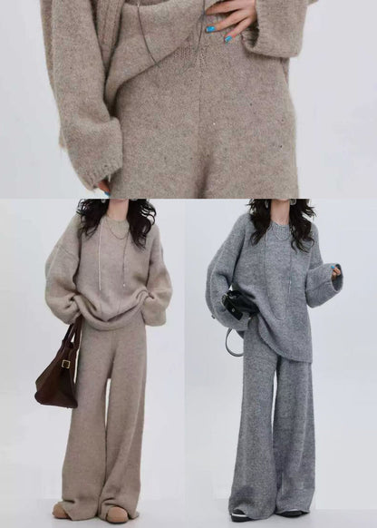Khaki Warm Knit Cozy Two Pieces Set Sequins Winter