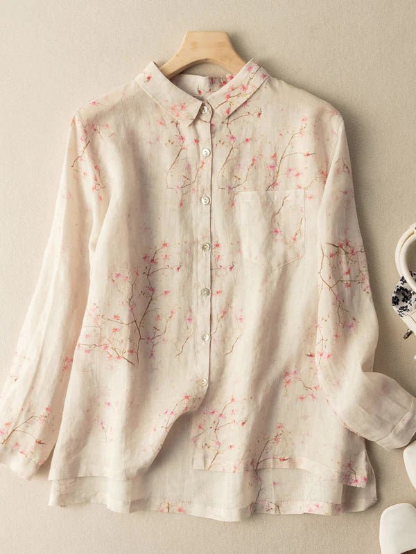 Floral Print Long Sleeve Casual Linen Shirt Top