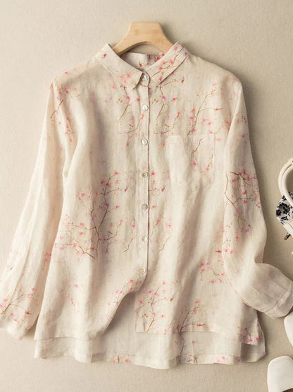 Floral Print Long Sleeve Casual Linen Shirt Top