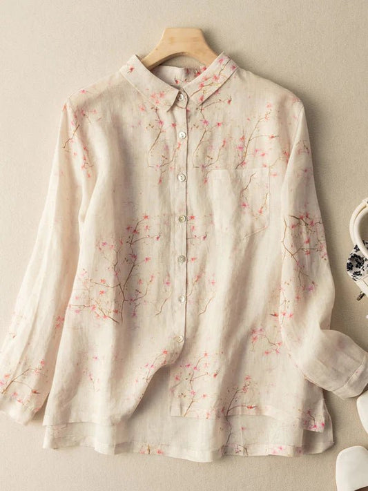 Floral Print Long Sleeve Casual Linen Shirt Top
