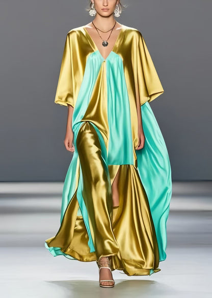 Plus Size Grass Green Asymmetrical Patchwork Silk Maxi Dresses Summer