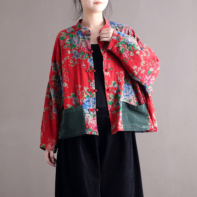Vintage Blouse Stand Collar Large Flower Long-Sleeved Jacket