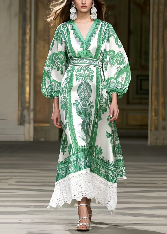 Vintage Green Puff Sleeve Patchwork Lace Robe Dresses Spring
