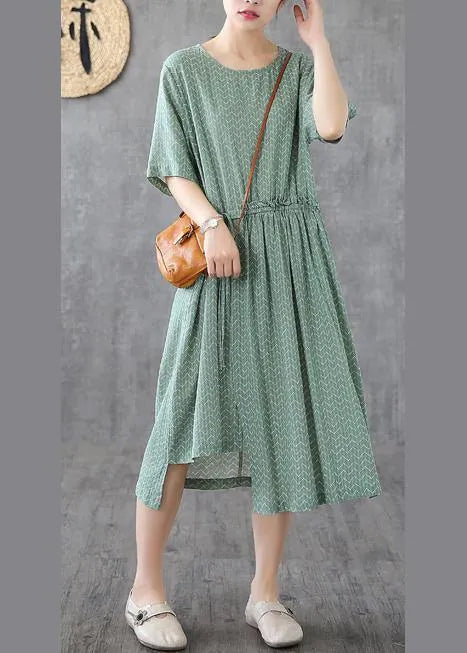Chic green print linen dresses o neck asymmetric loose summer Dress