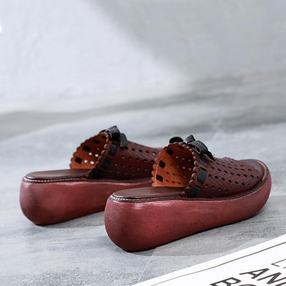 Leather Vintage Hollow Out Wedge Women Casual Slippers